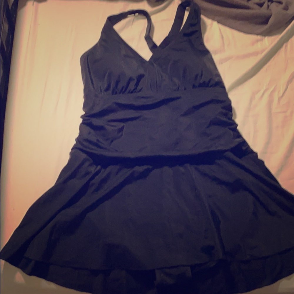 Black One Piece Bathing Suit w attached skirt